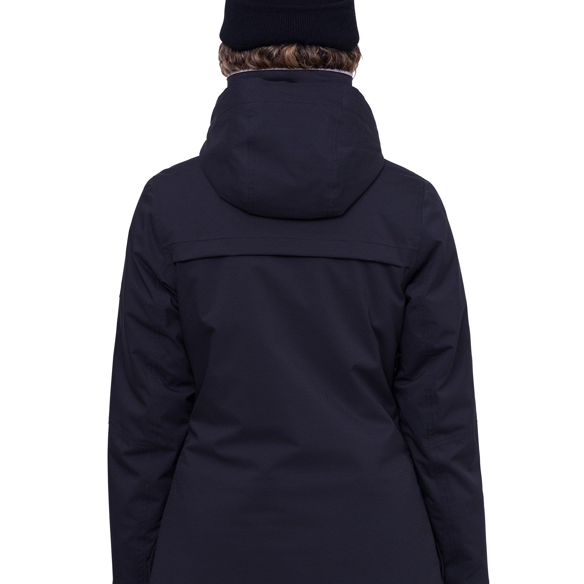 The 686 Women's Spirit Insulated Jacket 2025 is primarily black with white accents and a removable hood.