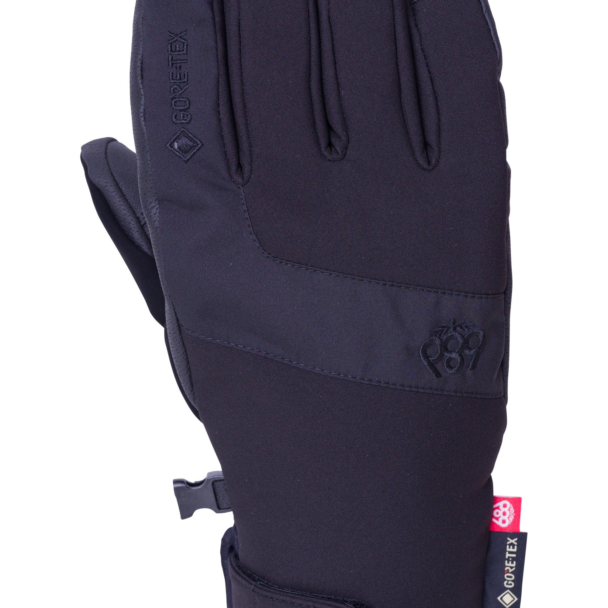 The 686 Men's GORE-TEX Linear Under Cuff Glove 2025 is black with a thick insulated cuff and a Velcro strap.