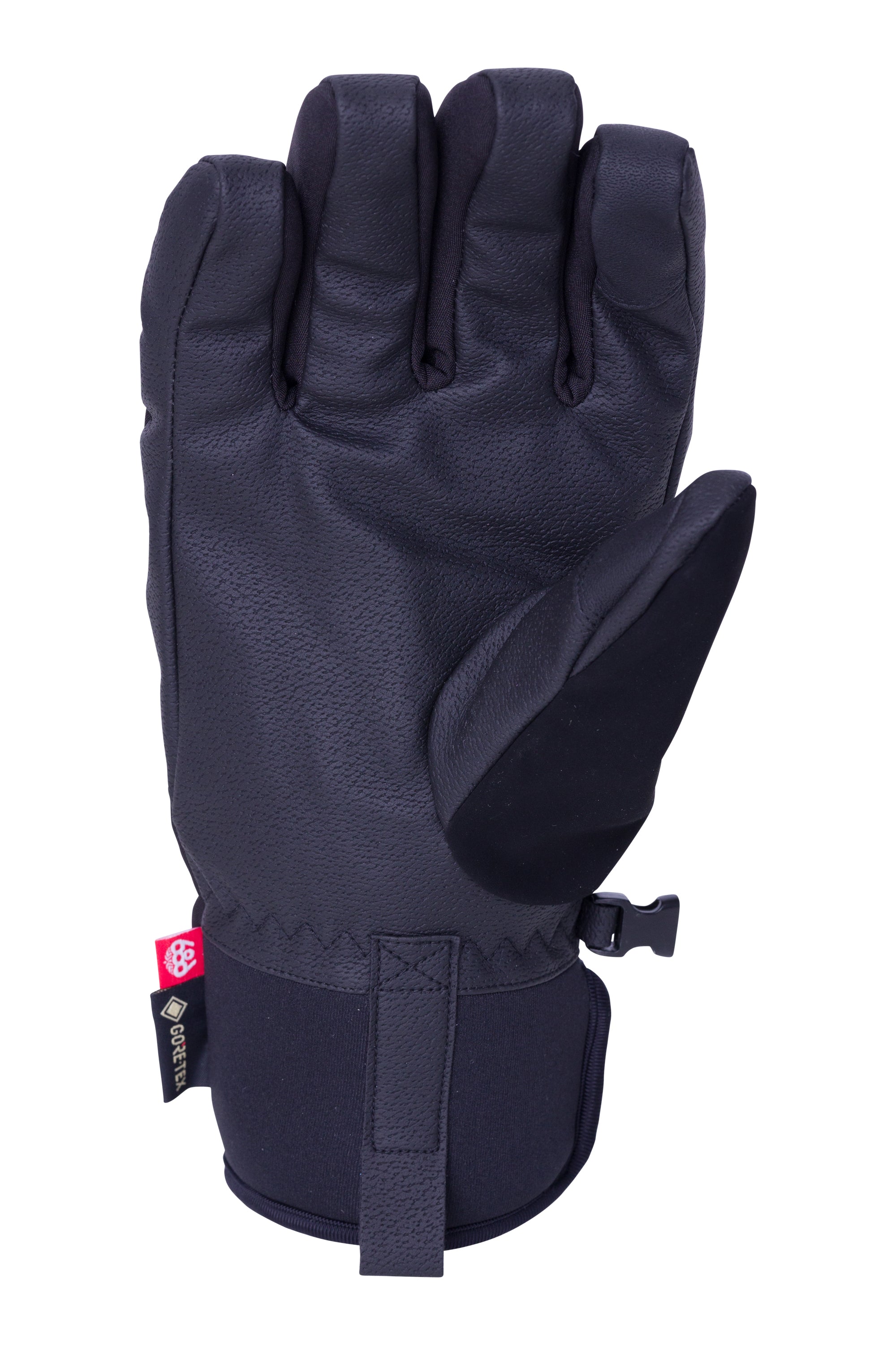 The 686 brand Linear Under Cuff Glove features black Gore-Tex material with a distinctive red tag on its cuff.