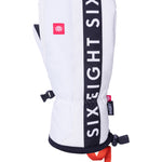 The 686 Men's Team Merino Mitt 2025 is primarily white with black accents and has an insulated hood.