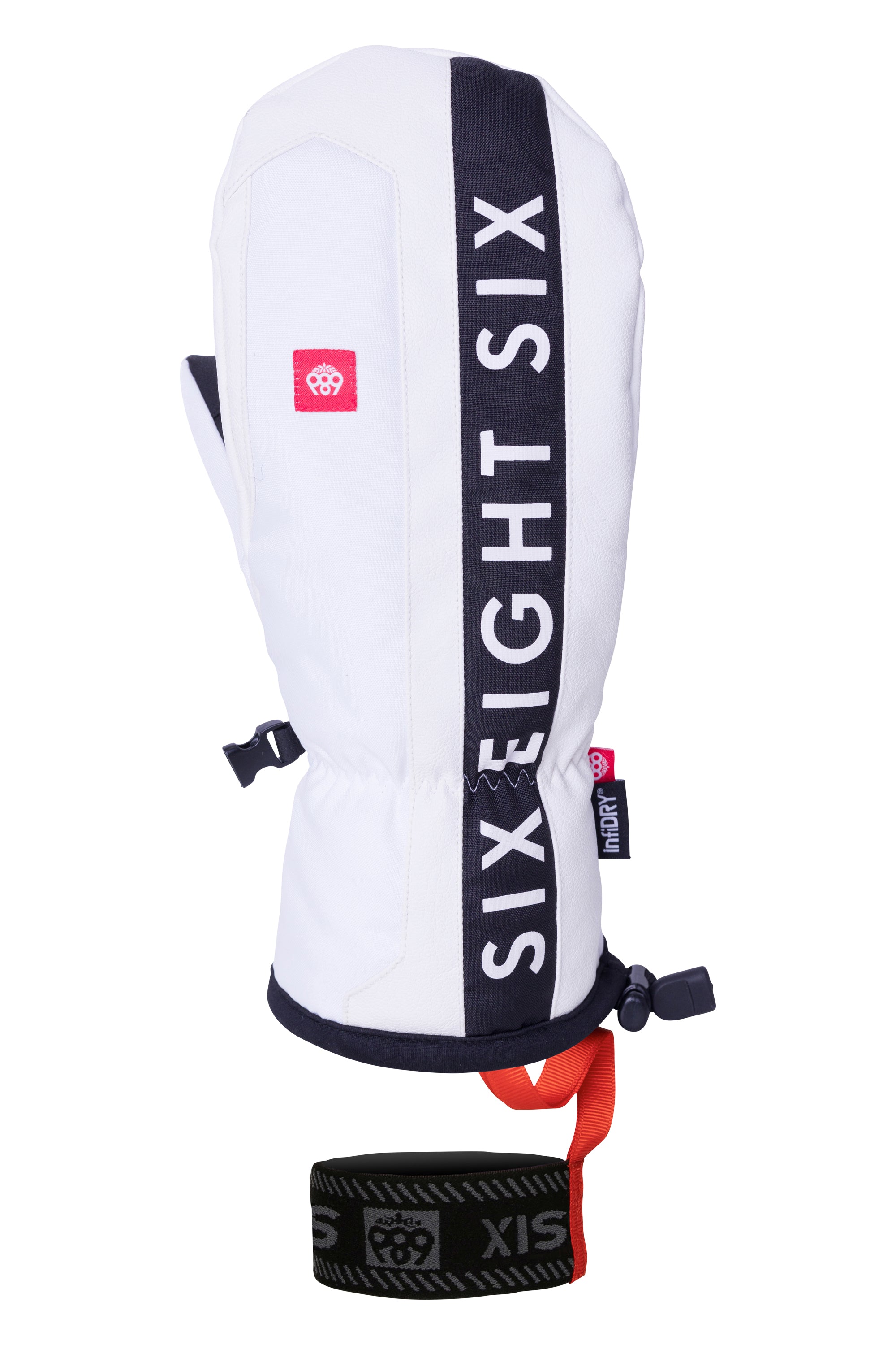 The 686 Men's Team Merino Mitt 2025 is primarily white with black accents and has an insulated hood.