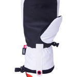 The 686 Team Merino Mitt in black and white has a fleece-lined, insulated design with a thumb strap.