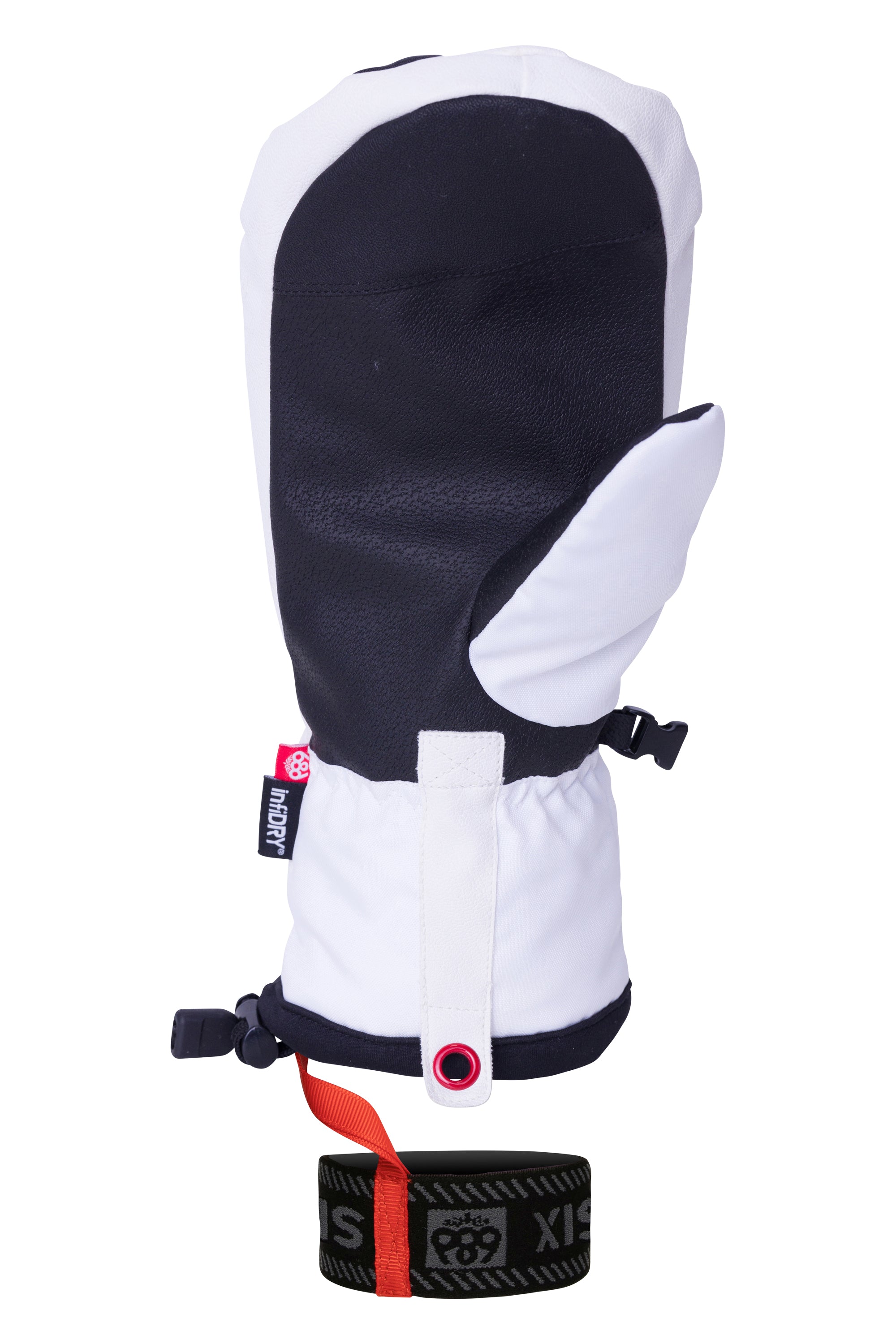 The 686 Team Merino Mitt in black and white has a fleece-lined, insulated design with a thumb strap.