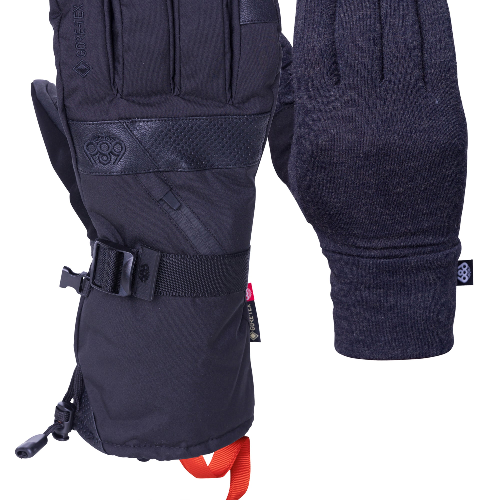 The 686 Women's GORE-TEX SMARTY 3-in-1 Gauntlet Glove features a black color with a textured pattern and a prominent red logo on the back.