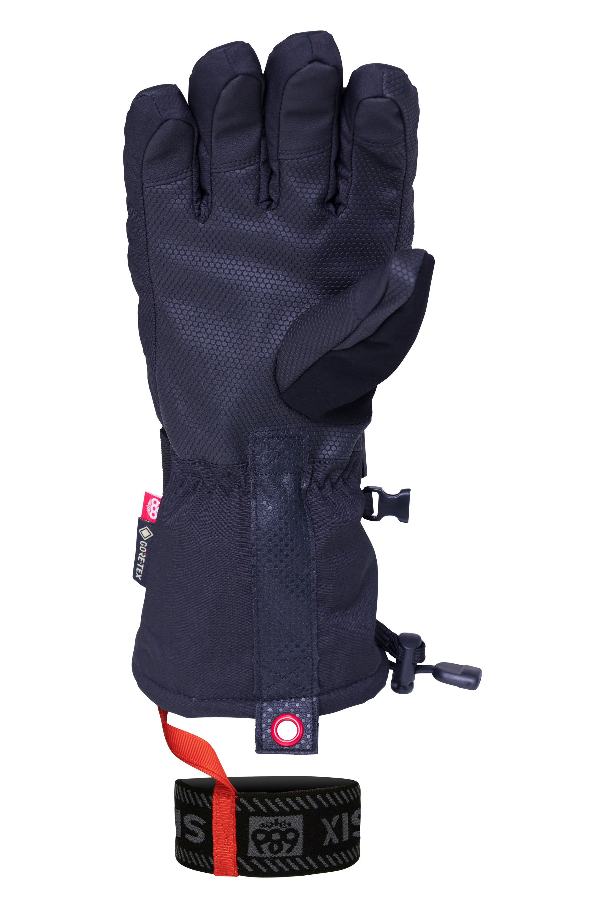 The 686 Women's GORE-TEX SMARTY® 3-in-1 Gauntlet Glove features a black color with a prominent red logo on the cuff.