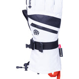 The white and black 686 glove has a zippered cuff and a strap on the back.