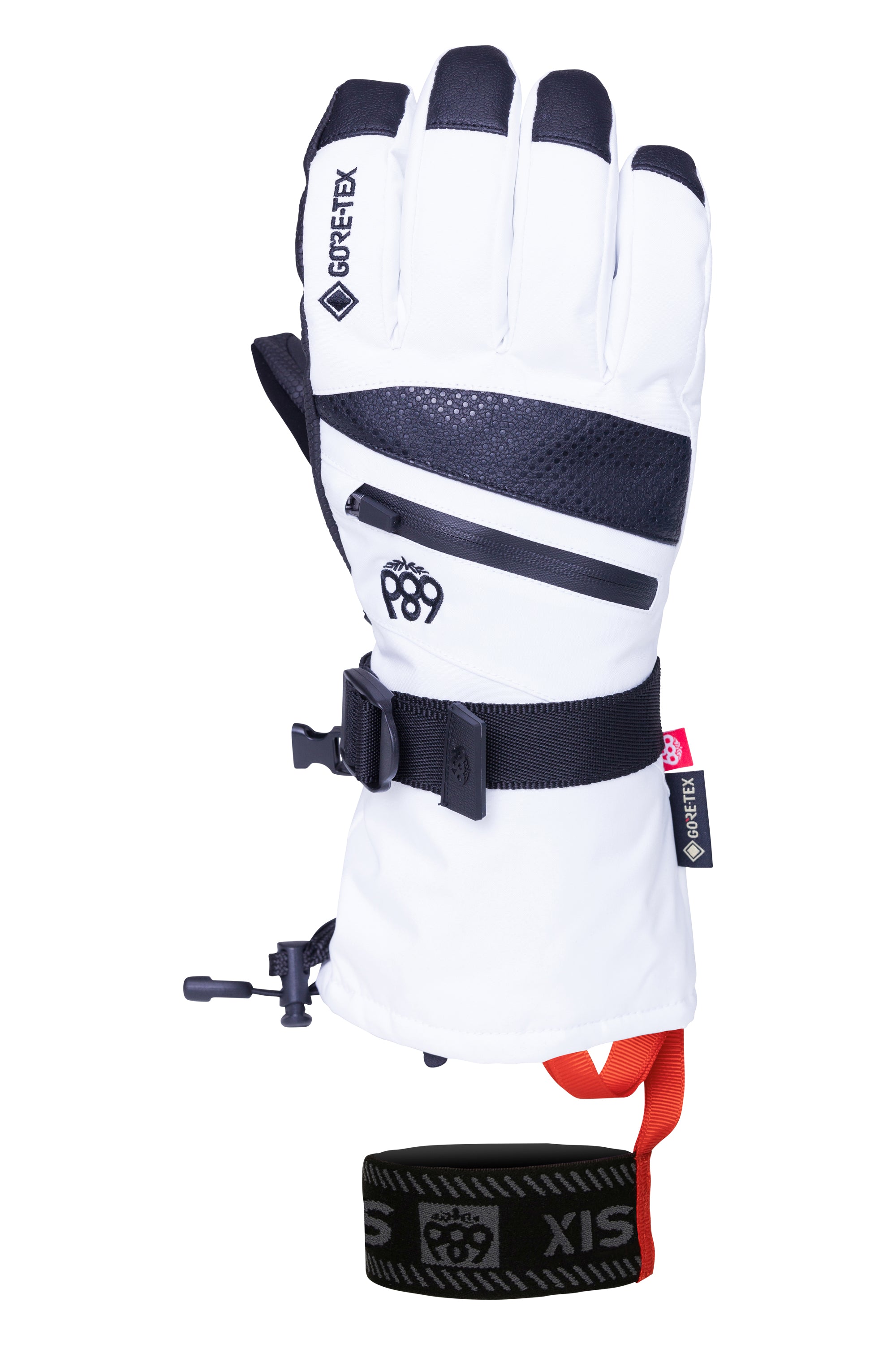 The white and black 686 glove has a zippered cuff and a strap on the back.