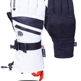 The 686 Women's GORE-TEX SMARTY® 3-in-1 Gauntlet Glove 2025 has a white palm with black accents and a red strap.