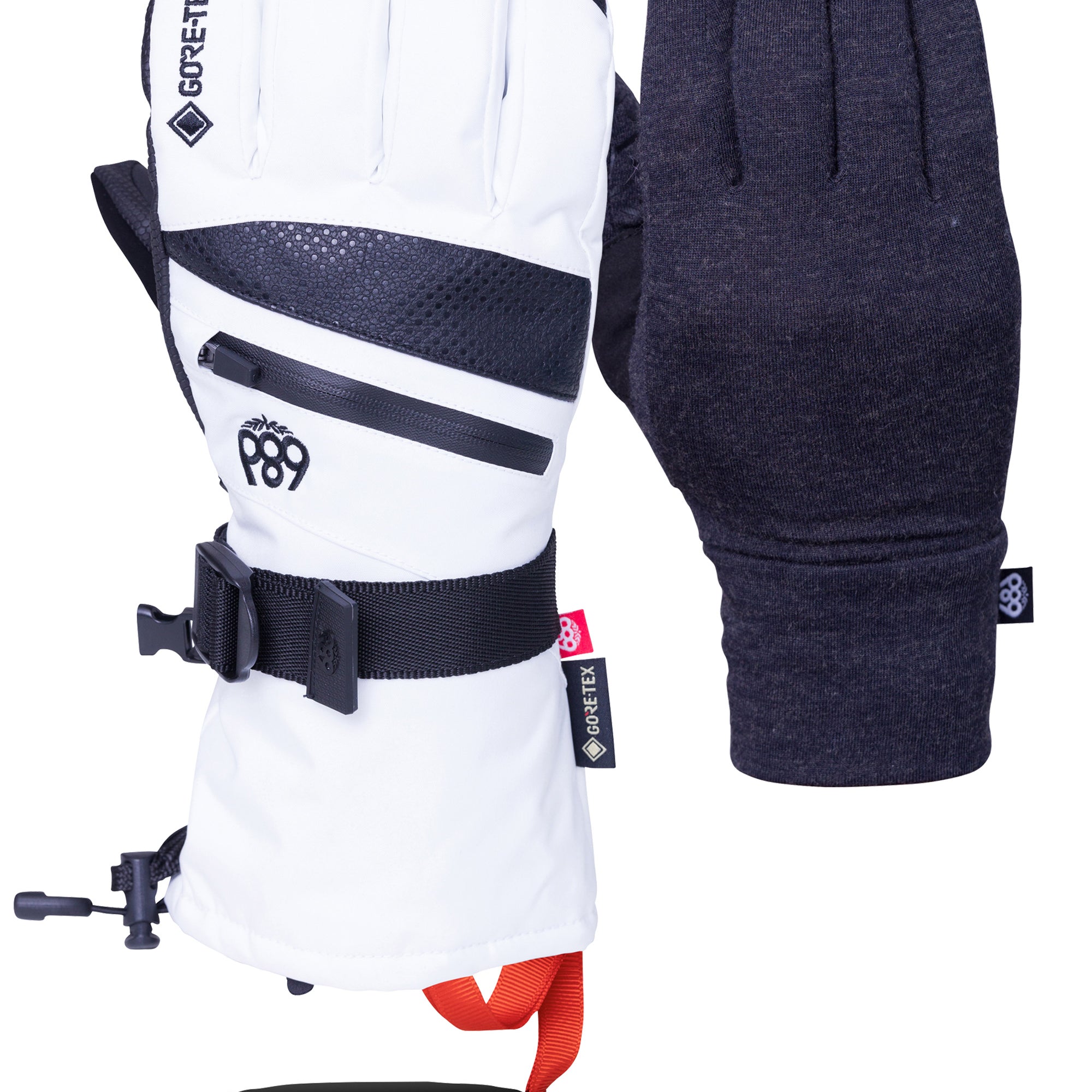 The 686 Women's GORE-TEX SMARTY® 3-in-1 Gauntlet Glove 2025 has a white palm with black accents and a red strap.
