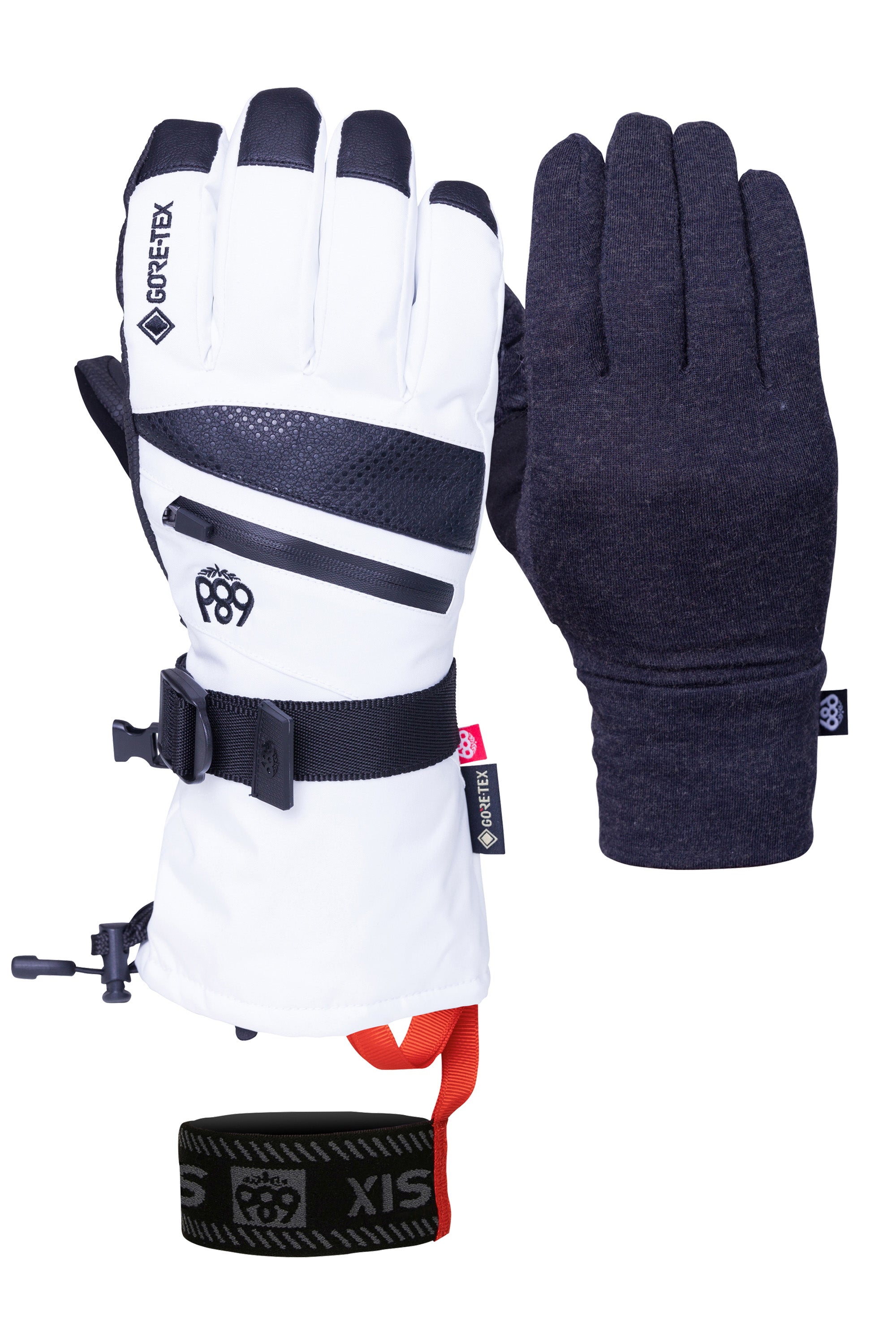 The 686 Women's GORE-TEX SMARTY® 3-in-1 Gauntlet Glove 2025 has a white palm with black accents and a red strap.