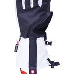 The 686 Women's GORE-TEX SMARTY 3-in-1 Gauntlet Glove features a dark blue and white color scheme with a distinctive red pull tab on the cuff.