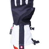 The 686 Women's GORE-TEX SMARTY 3-in-1 Gauntlet Glove features a dark blue and white color scheme with a distinctive red pull tab on the cuff.