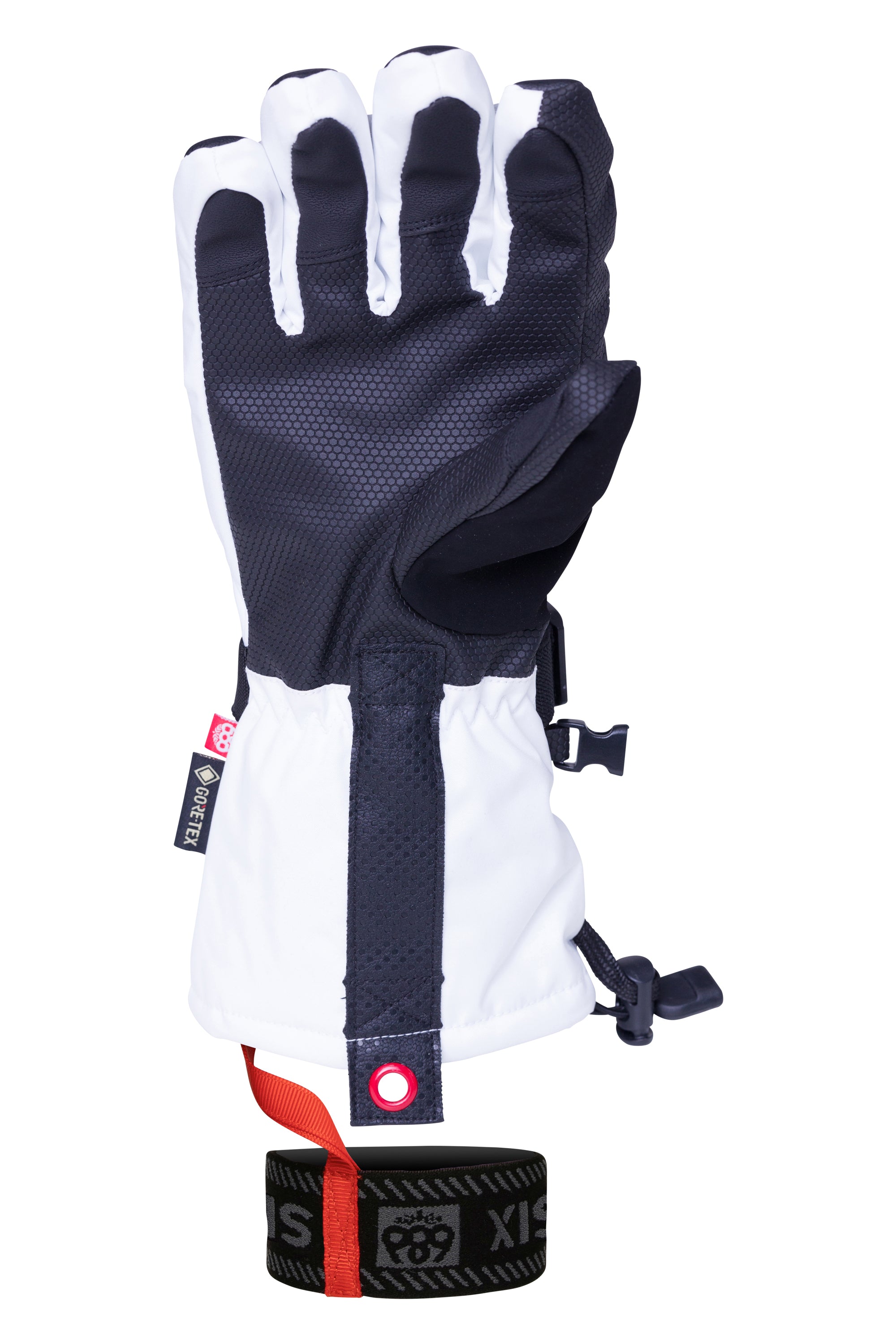 The 686 Women's GORE-TEX SMARTY 3-in-1 Gauntlet Glove features a dark blue and white color scheme with a distinctive red pull tab on the cuff.