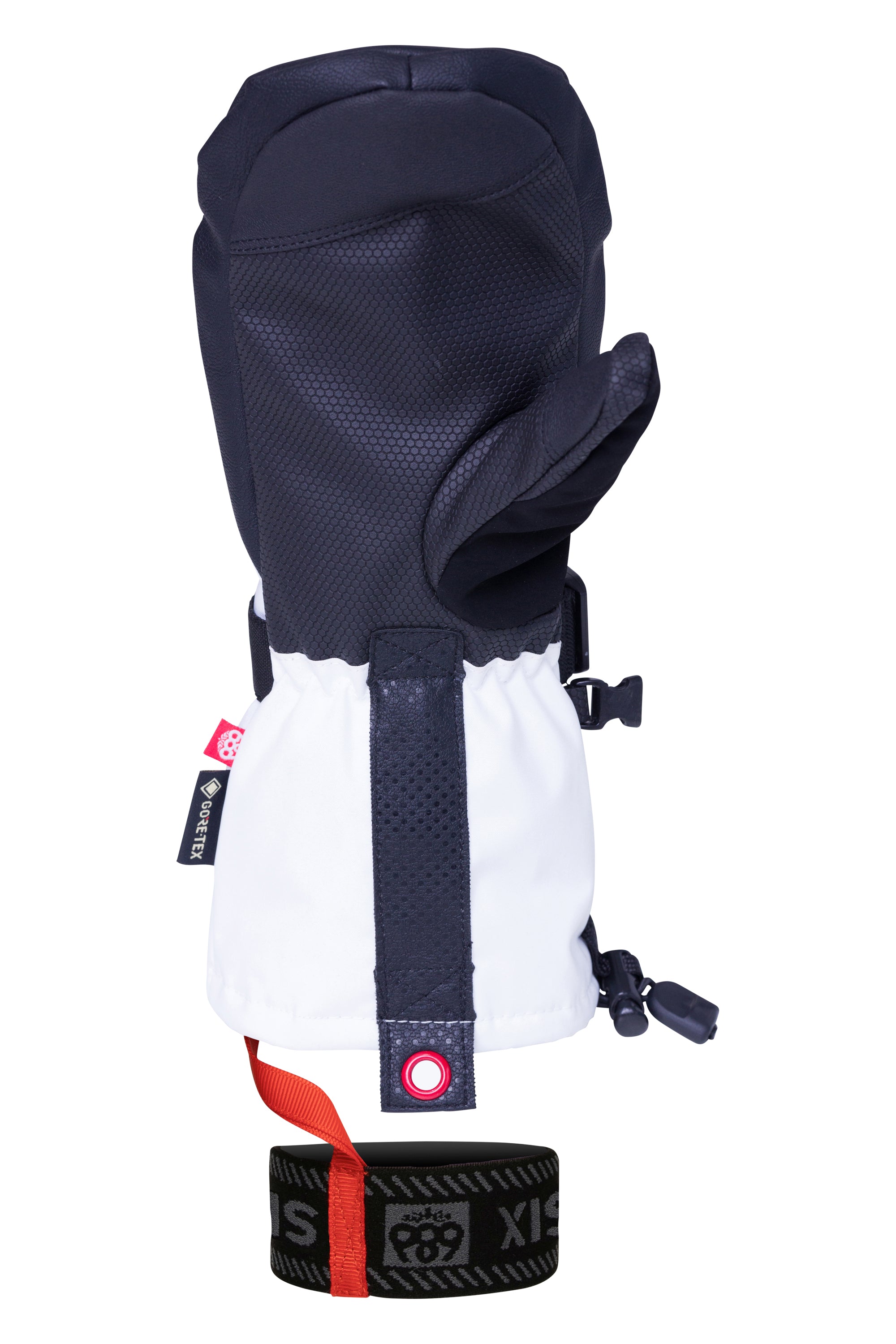 The 686 Women's GORE-TEX SMARTY 3-in-1 Gauntlet Mitt is black and white with a red strap.