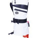 The white and black 686 gauntlet mitt with a GORE-TEX logo on the wrist has a zipper closure and red accents.