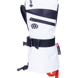 The white and black 686 gauntlet mitt with a GORE-TEX logo on the wrist has a zipper closure and red accents.