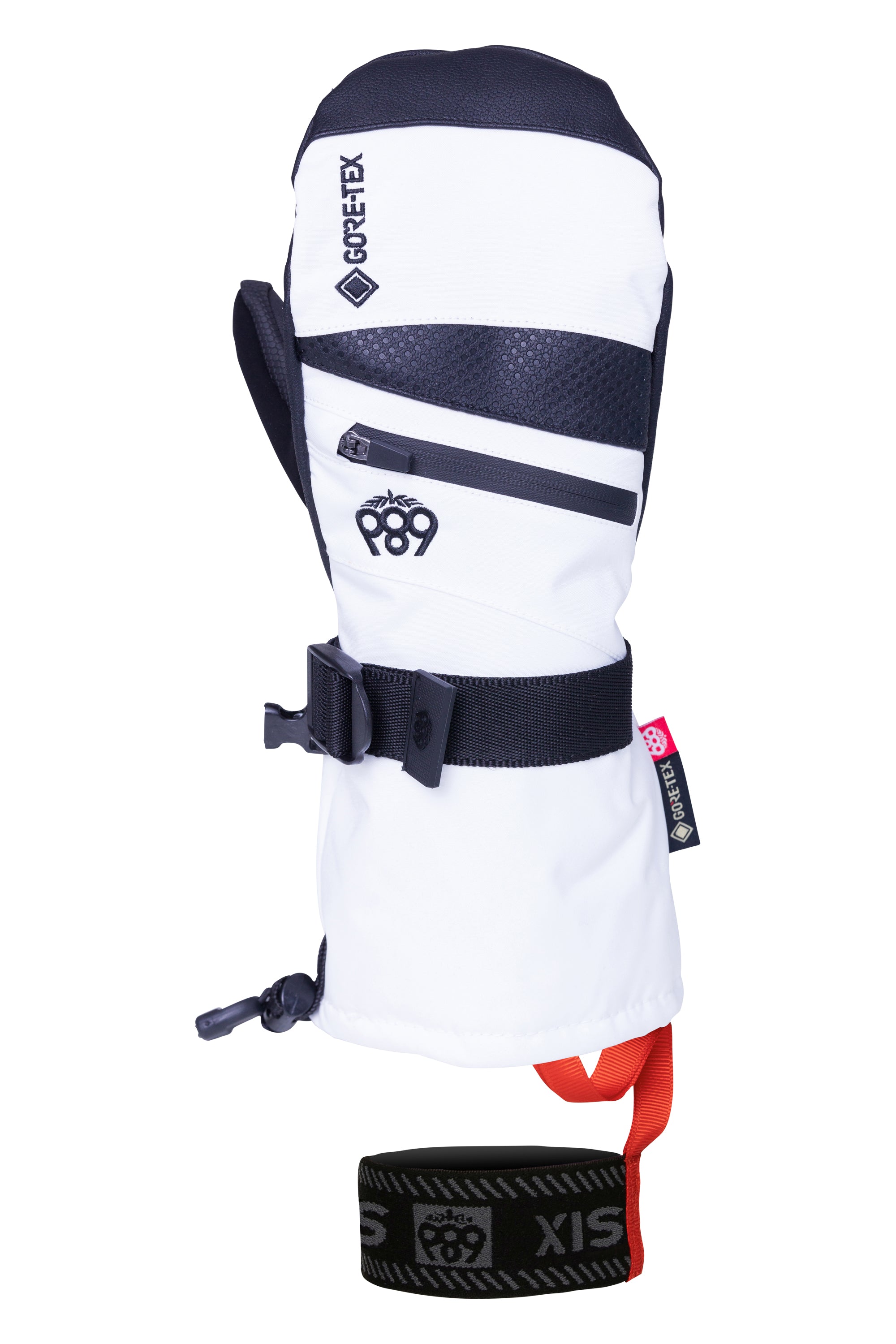 The white and black 686 gauntlet mitt with a GORE-TEX logo on the wrist has a zipper closure and red accents.