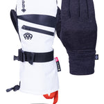 The 686 Women's GORE-TEX SMARTY 3-in-1 Gauntlet Mitt has a white body with black accents and a red interior, featuring a large zipper on the wrist.