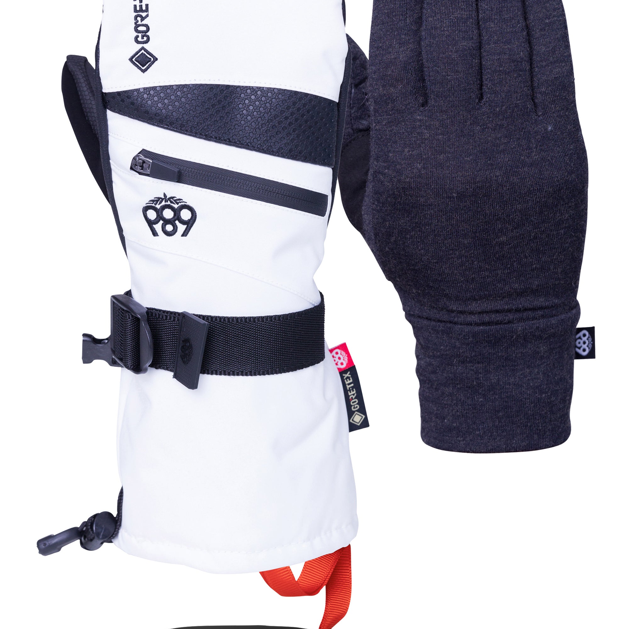 The 686 Women's GORE-TEX SMARTY 3-in-1 Gauntlet Mitt has a white body with black accents and a red interior, featuring a large zipper on the wrist.