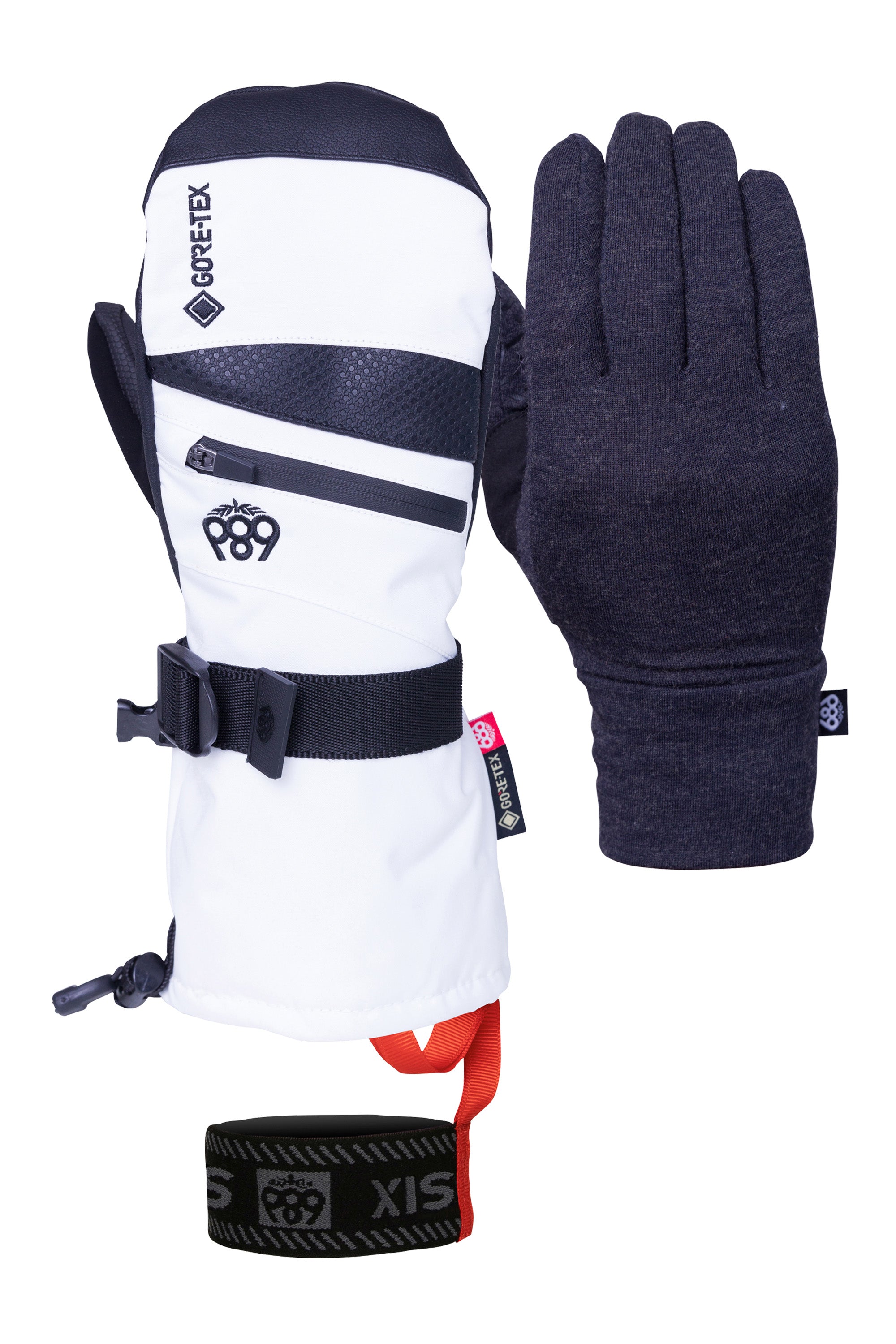 The 686 Women's GORE-TEX SMARTY 3-in-1 Gauntlet Mitt has a white body with black accents and a red interior, featuring a large zipper on the wrist.