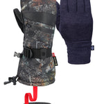 The 686 Women's GORE-TEX SMARTY 3-in-1 Gauntlet Mitt has a black color with a camouflage pattern and a red strap on the wrist, set against a light gray background.