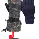 The 686 Women's GORE-TEX SMARTY 3-in-1 Gauntlet Mitt has a black color with a camouflage pattern and a red strap on the wrist, set against a light gray background.