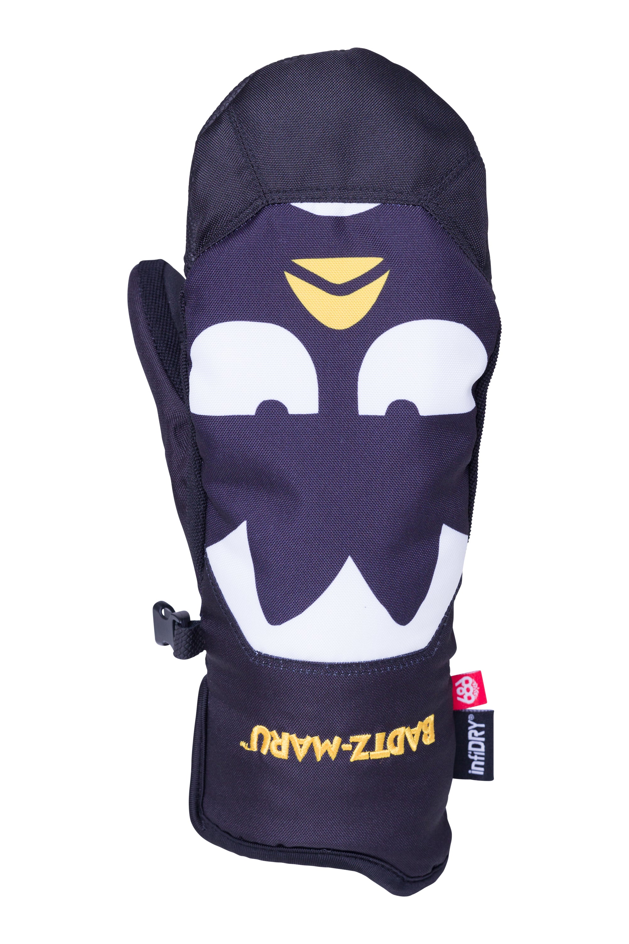 The 686 Revel Mitt for women has a navy blue outer shell with white accents and a yellow logo on the cuff.
