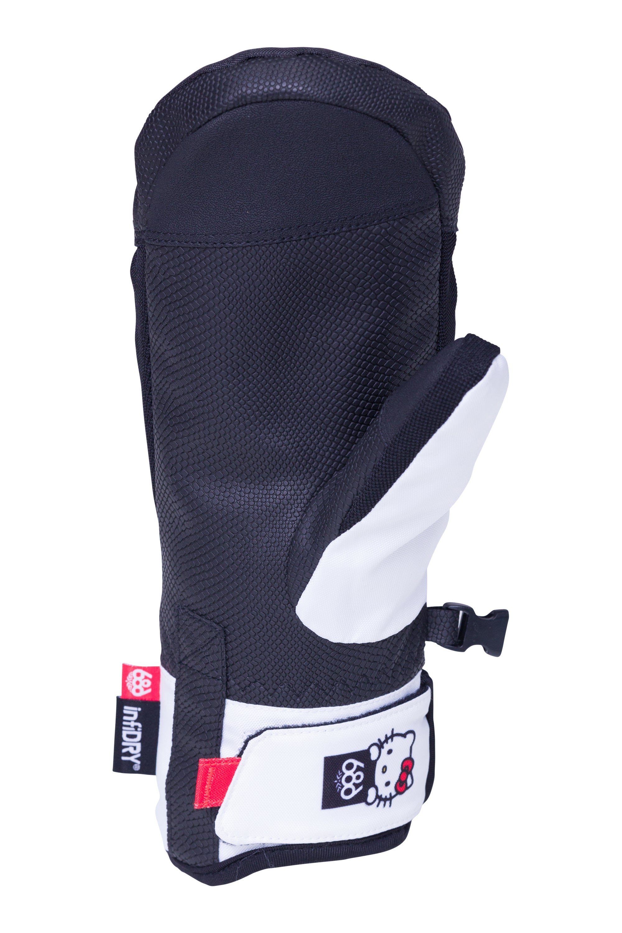 The 686 brand presents a black and white women's Revel mitt with an insulated hood.