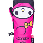 The 686 brand Revel mitt for women has a black top and pink palm with an embroidered yellow logo on the back.