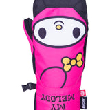The 686 brand Revel mitt for women has a black top and pink palm with an embroidered yellow logo on the back.