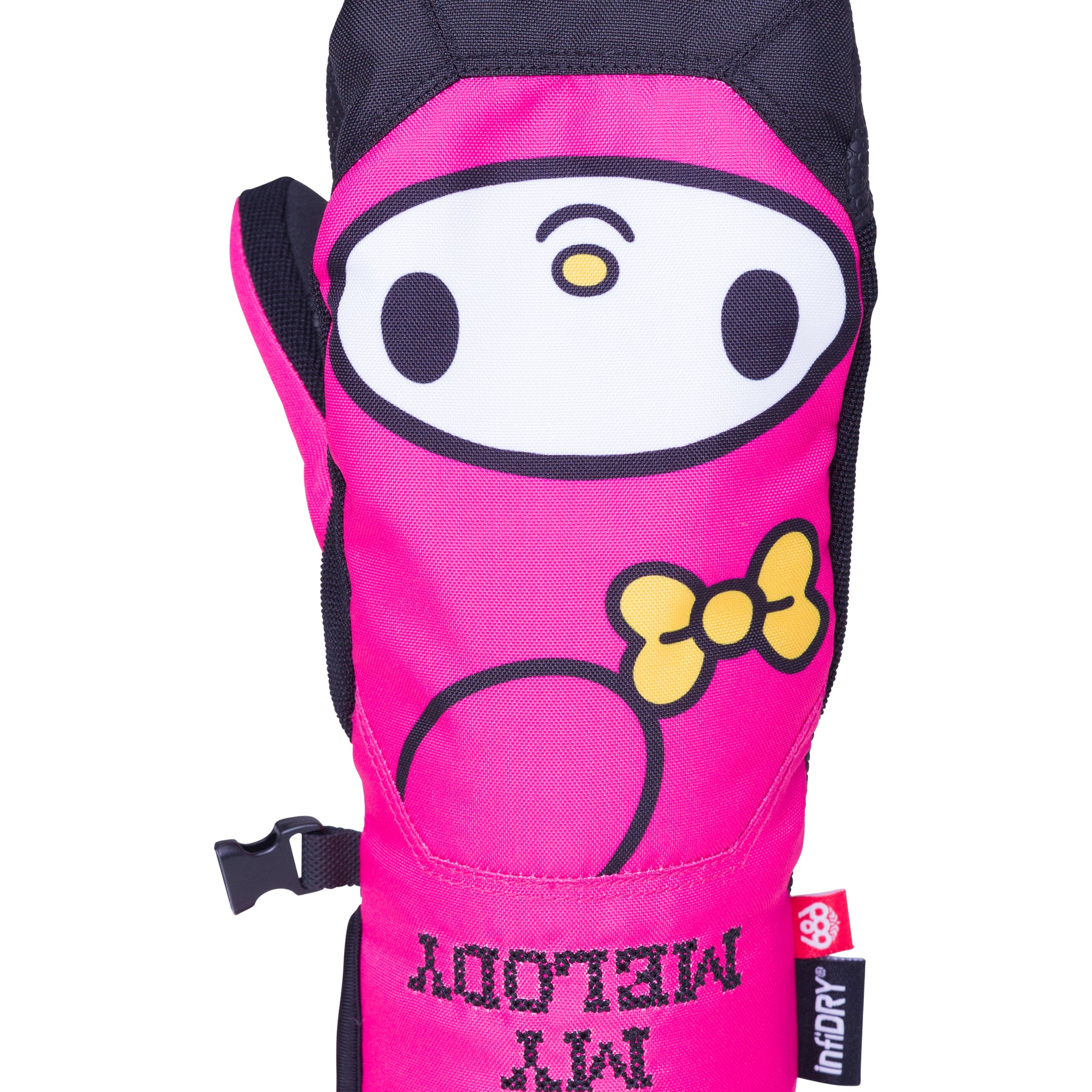 The 686 brand Revel mitt for women has a black top and pink palm with an embroidered yellow logo on the back.