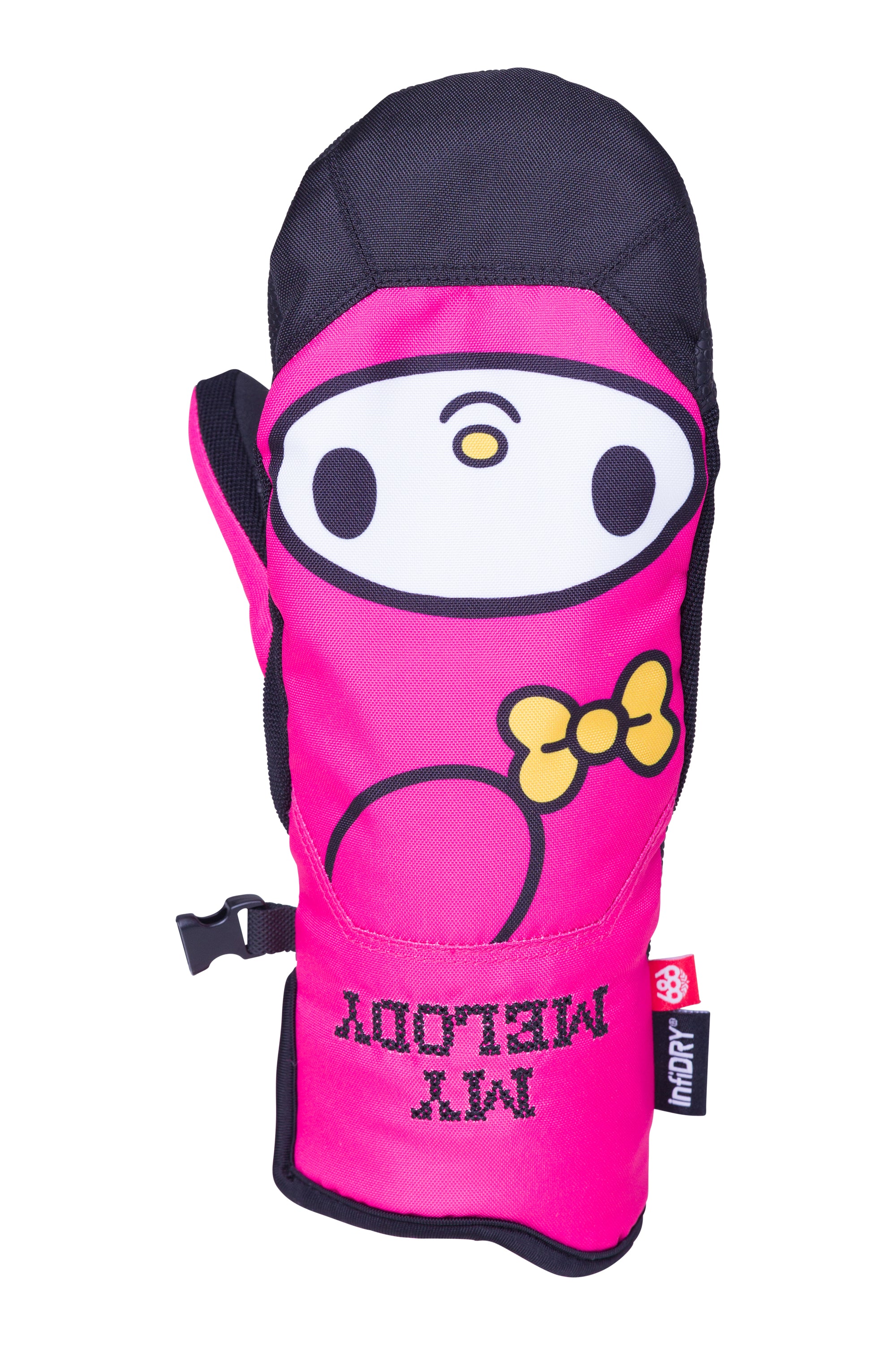 The 686 brand Revel mitt for women has a black top and pink palm with an embroidered yellow logo on the back.