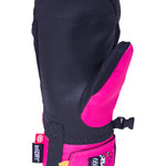 The 686 Revel Mitt in black and pink has an insulated hood, a thumb hole, and a pull loop at the back.