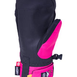 The 686 Revel Mitt in black and pink has an insulated hood, a thumb hole, and a pull loop at the back.