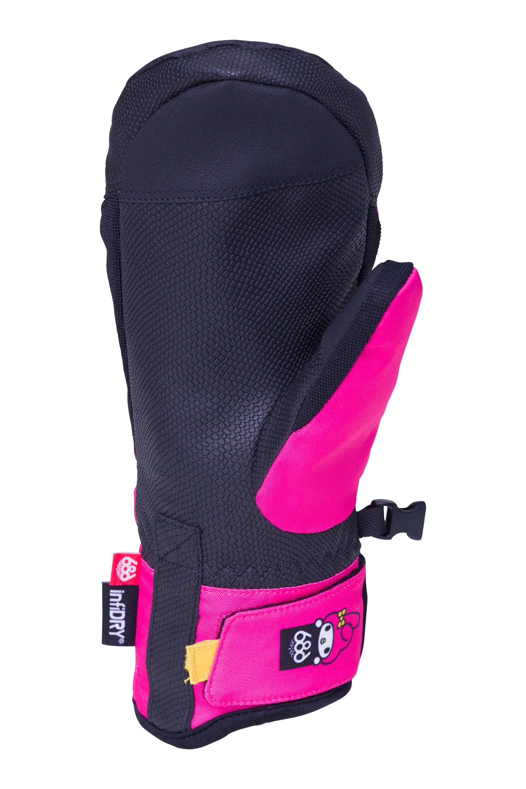 The 686 Revel Mitt in black and pink has an insulated hood, a thumb hole, and a pull loop at the back.