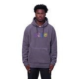 The 686 Buttermilk Sherpa Hoodie, shown from the front view, is dark grey with a large front pocket and a hood featuring an embroidered logo in the same color.