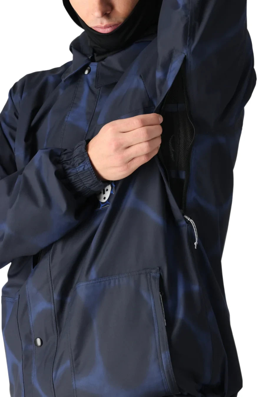 The 686 Dojo Shell Jacket 2025 in navy blue has an insulated hood and front zip closure.