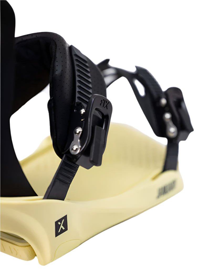 Fix Women's January Snowboard Binding 2024 - A black snowboard binding with a textured strap and silver screws on a white background.