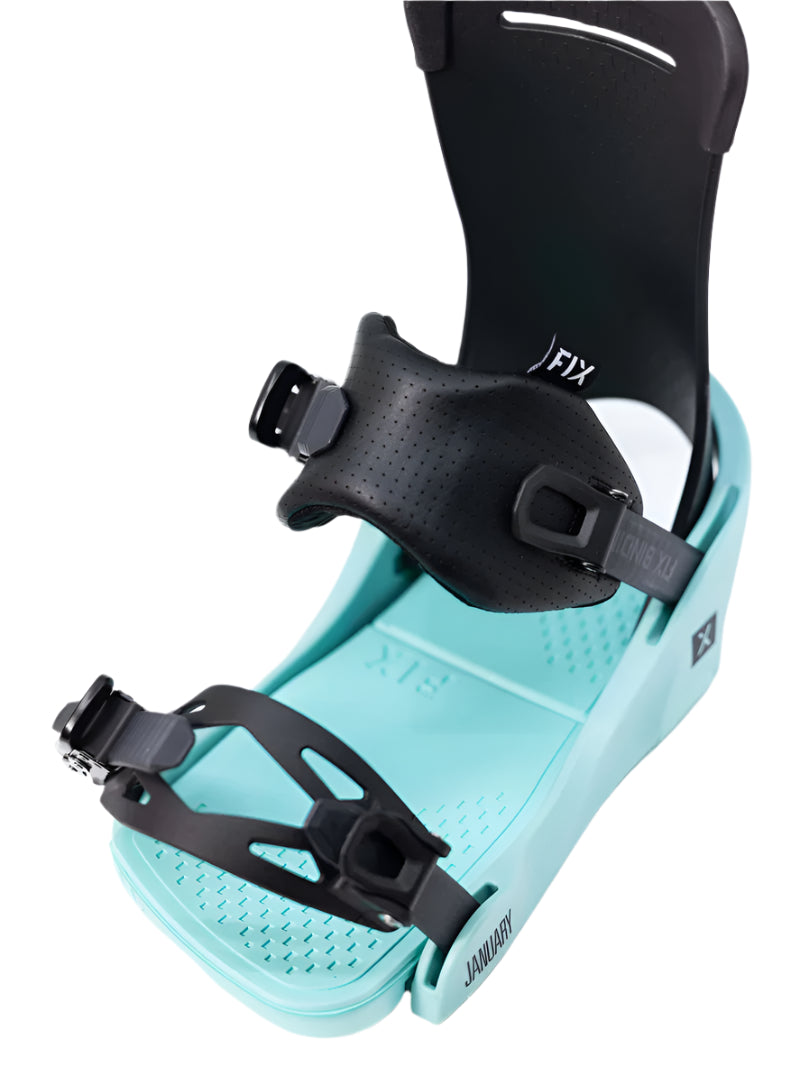 Fix Women's January Snowboard Binding 2024 - A black snowboard binding with a strap and buckle on top of a light teal base plate.