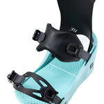 Fix Women's January Snowboard Binding 2024 - A black snowboard binding with a strap and buckle on top of a light teal base plate.