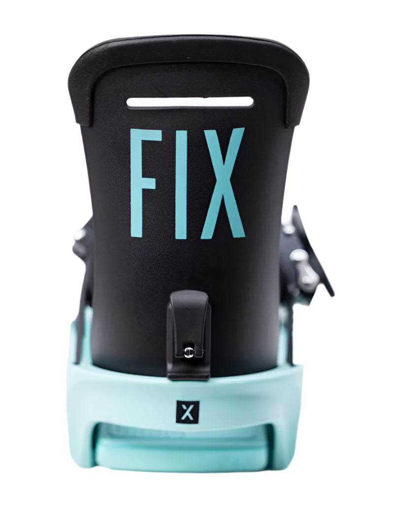 Fix Women's January Snowboard Binding 2024 - A black snowboard binding with a light blue baseplate and straps.