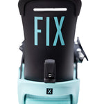 Fix Women's January Snowboard Binding 2024 - A black snowboard binding with a light blue baseplate and straps.