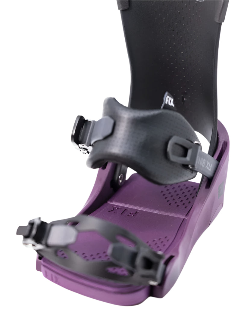 Fix Women's January Snowboard Binding 2024 - A black snowboard binding with a purple base plate and straps.