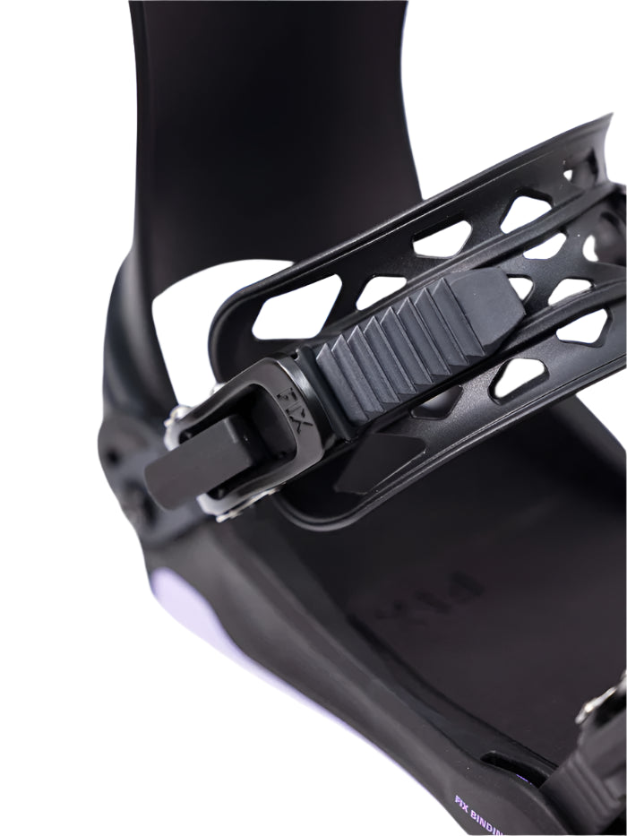 Fix Women's Opus Snowboard Binding 2024 - Black snowboard binding with a sleek, modern design and silver buckles.