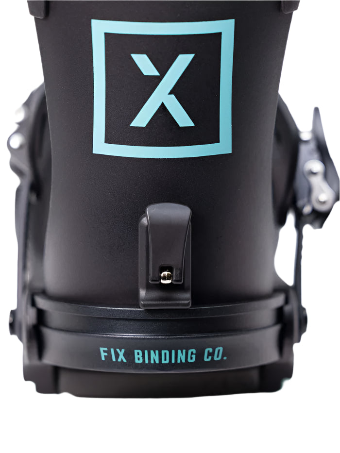 Fix Women's Opus Snowboard Binding 2024 - A black snowboard binding with a light blue logo featuring an "X" and a "P" inside a square.