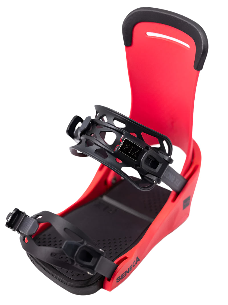 Fix Women's Seneca Snowboard Binding 2024 - A black snowboard binding with a red baseplate and straps.