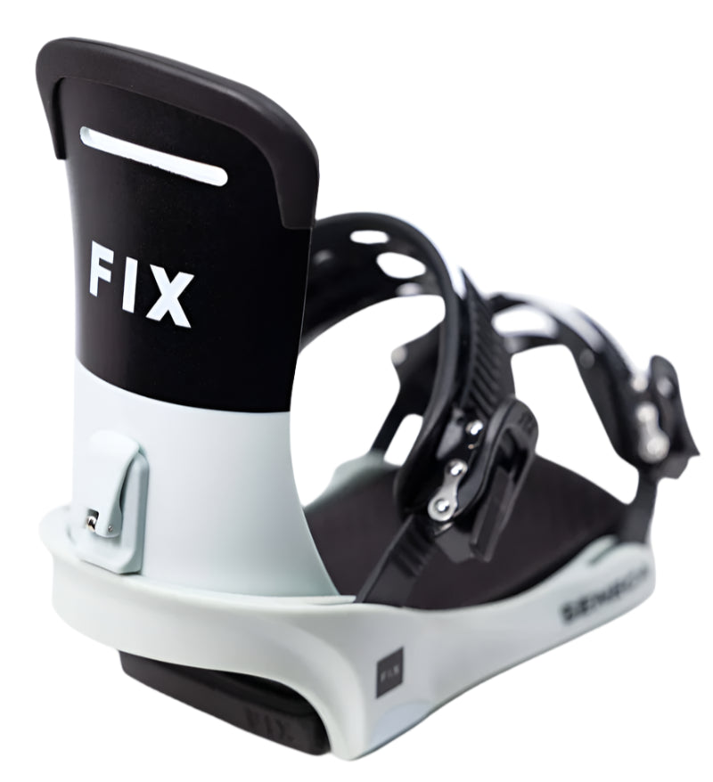 Fix Women's Seneca Snowboard Binding 2024 - Black snowboard binding with white lettering and logo on top strap.