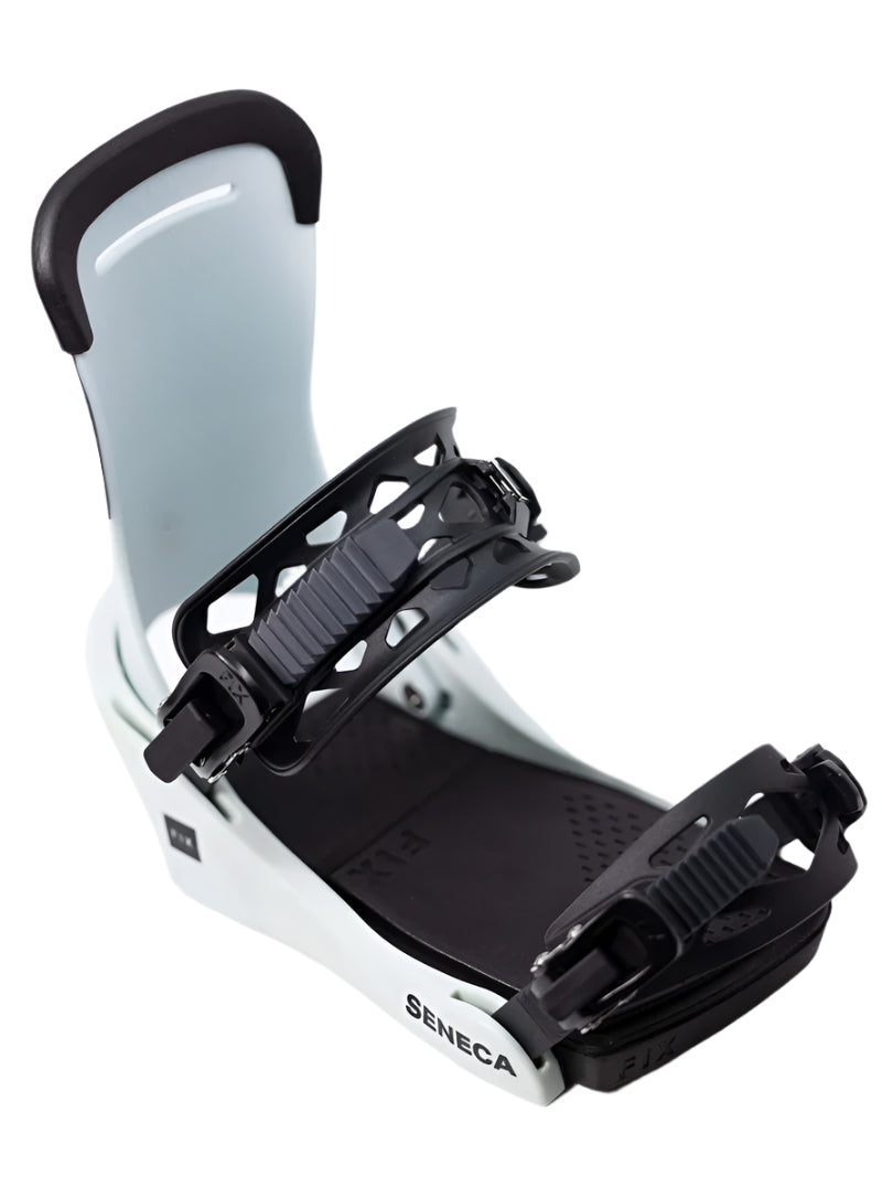 Fix Women's Seneca Snowboard Binding 2024 - A white snowboard binding with black buckles and straps.
