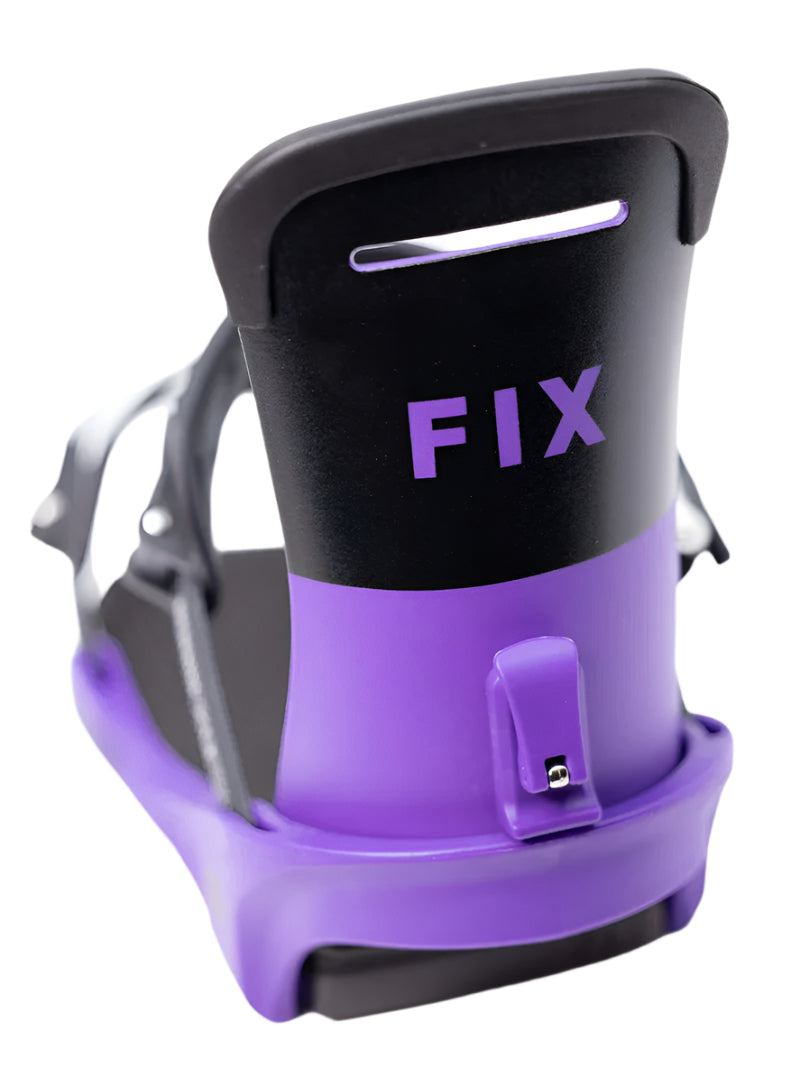 Fix Women's Seneca Snowboard Binding 2024 - A black and purple snowboard binding with a distinctive purple stripe on the top of the baseplate.