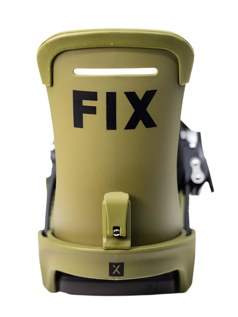 Fix Truce Snowboard Binding 2024 - A green snowboard binding with a black strap and silver screws.